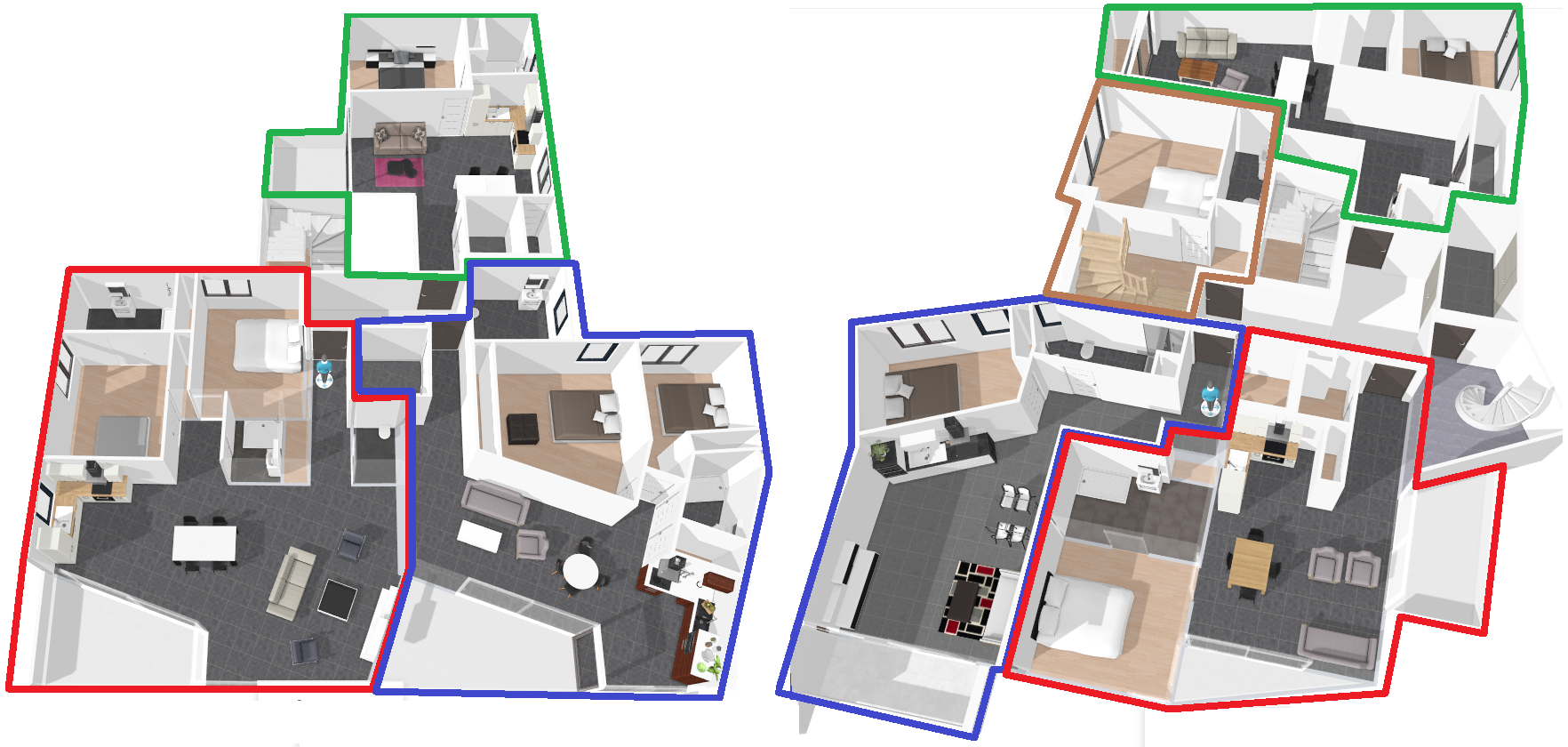 Plan intérieur de niveau - vue de dessus et meublé