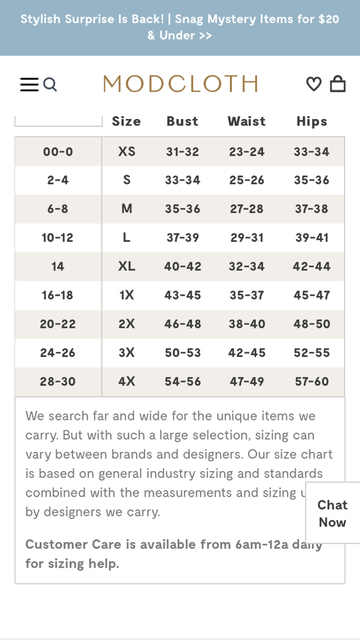 Modcloth' sizing Chart