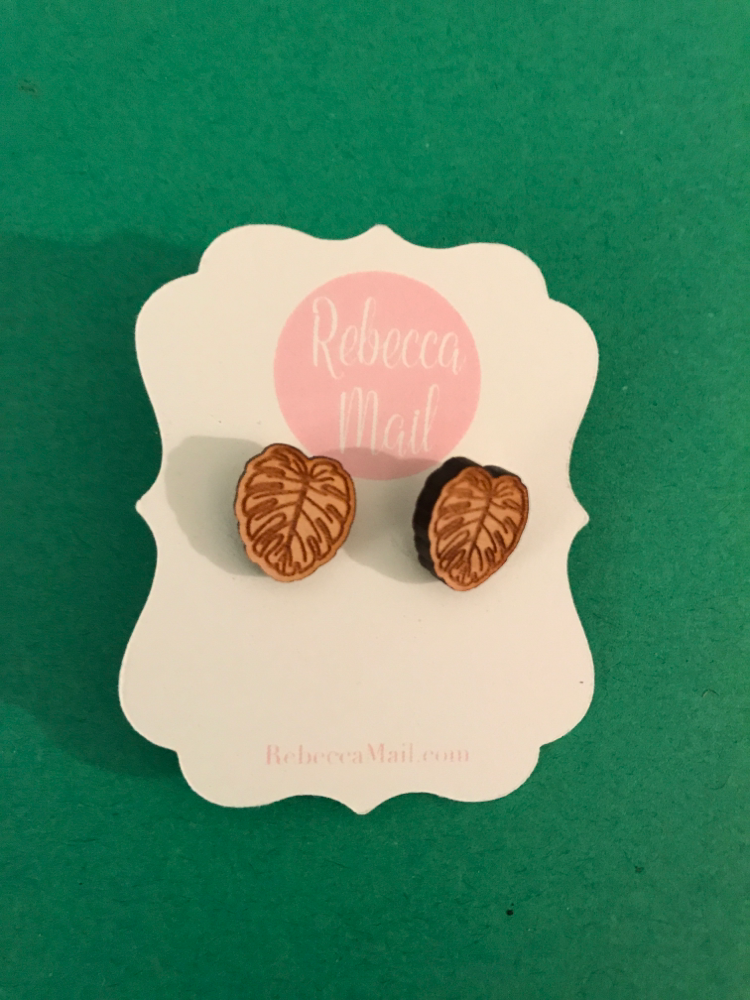 Wooden tropical leaf stud earrings