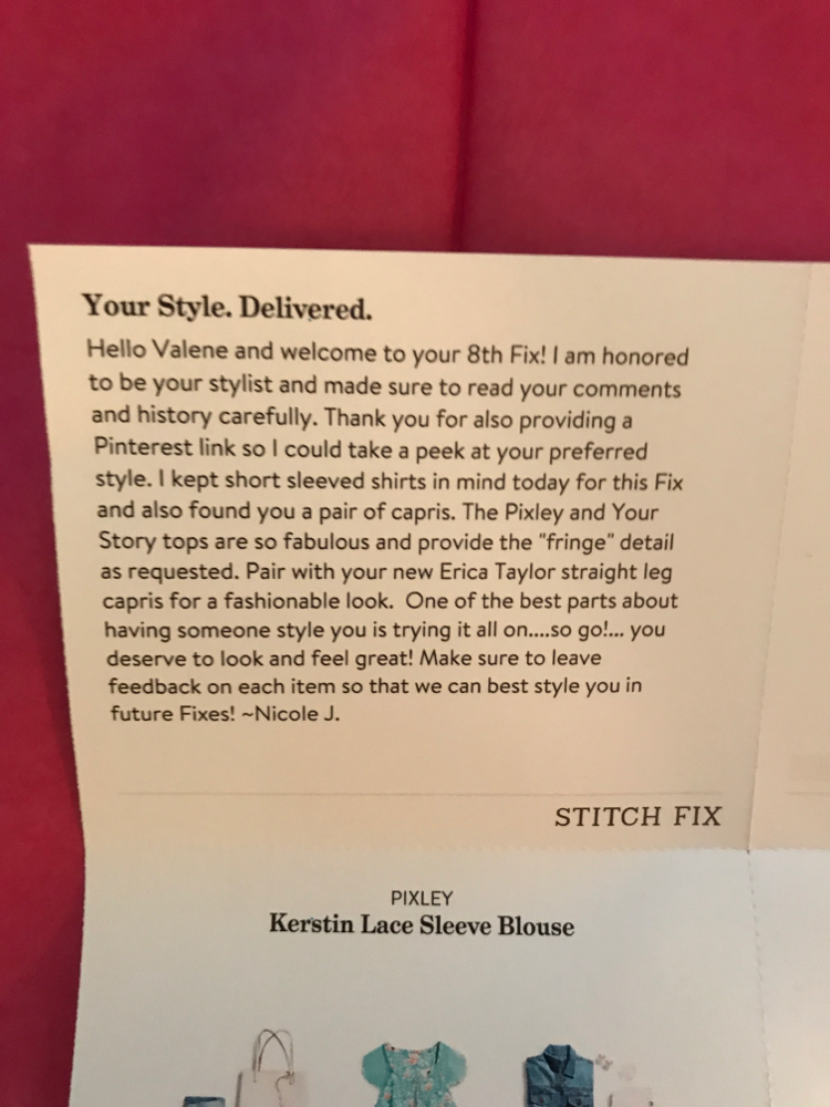 Stitch Fix Stylist note