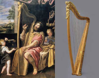 links: Moderne Konzertharfe der Wiener Symphoniker von Thurau rechts: Barockharfe nach einem Gemälde von 1619 (in Versailles) des italienischen Malers Domenichino Zampieri