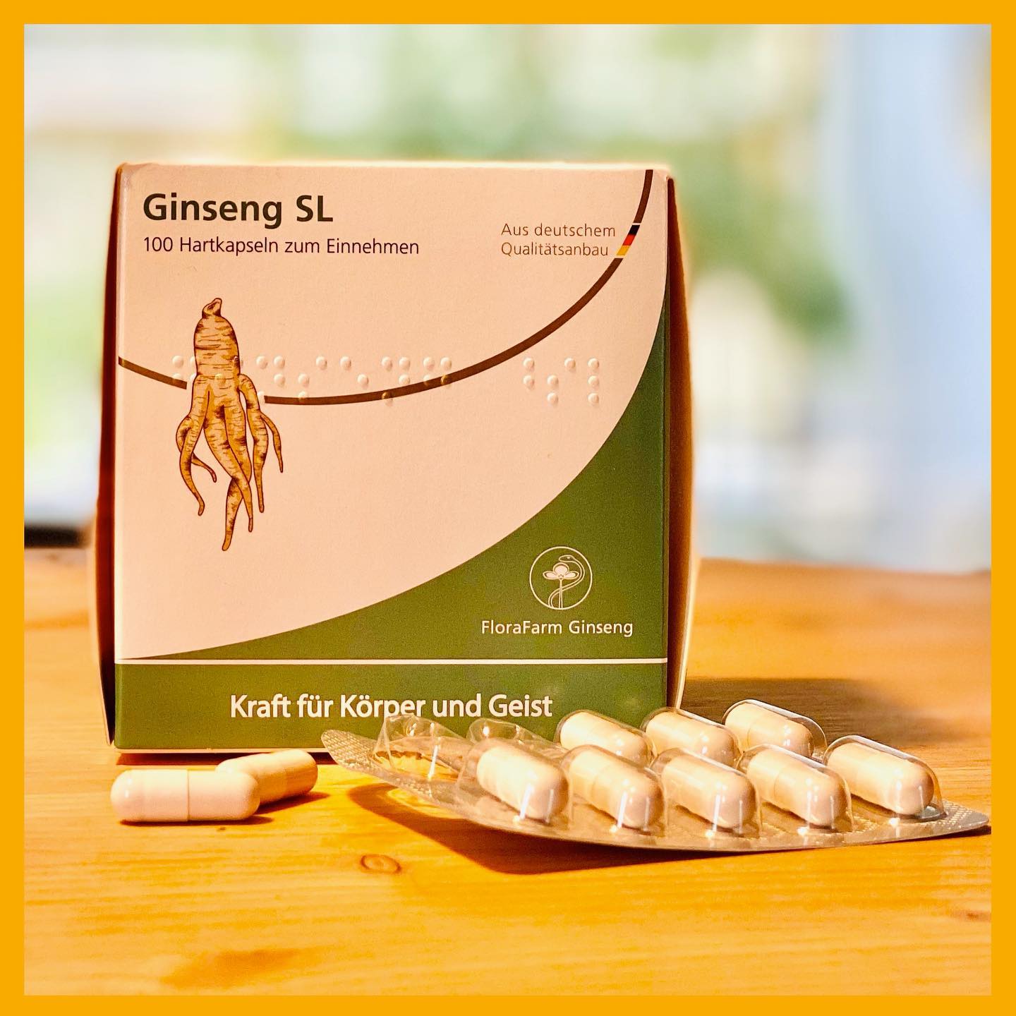 Ginseng-Kapseln von FloraFarm zur Steigerung der Leistungs- und Konzentrationsfähigkeit.