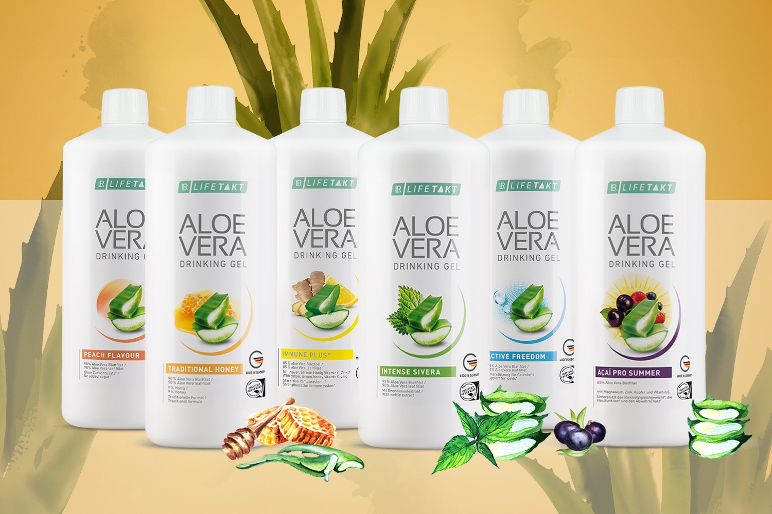 Die Produktreihe der Aloe Vera Trinkgele umfasst verschiedene Sorten wie Peach Flavour, Traditional Honey, Immune Plus, Intense Sivera (mit Brennnessel), Active Freedom (für Gelenke) und Acai Pro Summer.
