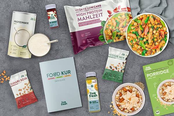 Dies ist eine Übersicht der LiveFresh "Foodkur" Produkte, einschließlich veganer Mahlzeiten, Proteinshakes und Porridge.