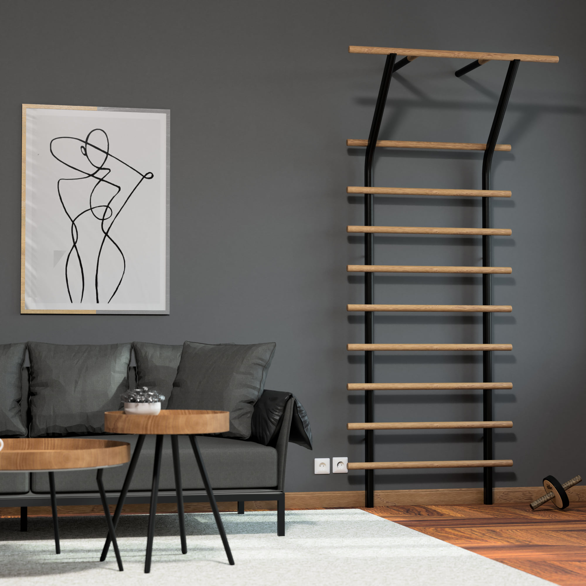 Die abgebildete Sprossenwand ist ein Premium-Modell der Marke EdelKRAFT, das aus nachhaltig zertifiziertem Holz und schwarzem Metall gefertigt ist.