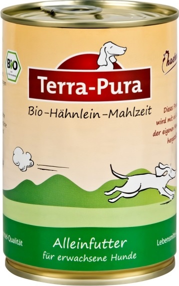 Dies ist eine Dose Terra-Pura Bio-Hähnlein-Mahlzeit Nassfutter für Hunde.