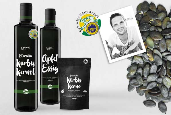 Kürbiskernöl, Apfel-Essig und Kürbiskerne von sengers.at