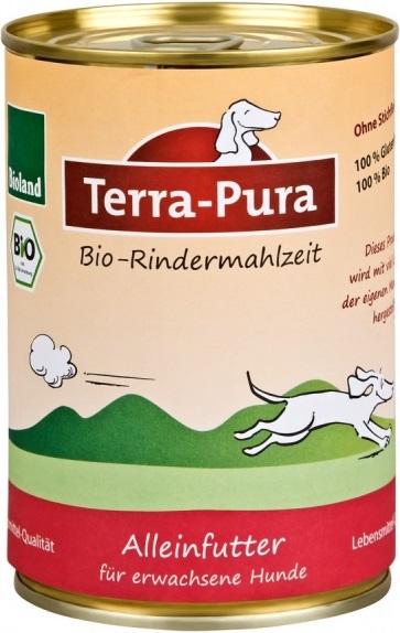 Dies ist eine Dose Terra-Pura Bio-Rindermahlzeit, ein Nassfutter für Hunde.