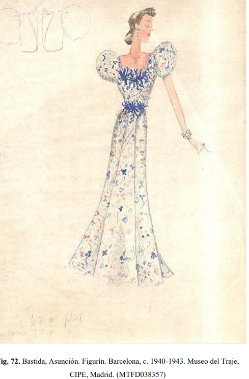 Figurín, 1940 - 43 (Museo del Traje) con peinado tupé de moda en los años 40 en Hollywood, y que el franquismo lo denominó "Tupé arriba España"