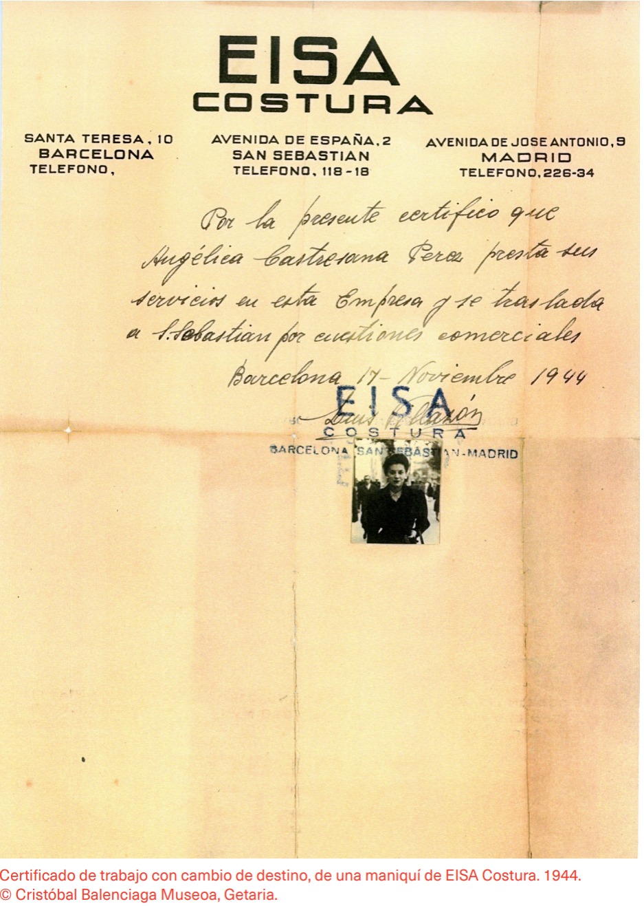 Certificado de cambio de destino de una maniquí de EISA  (Balenciaga)  1944