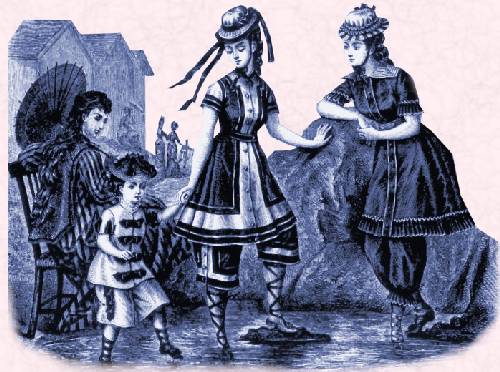 1870 Conjuntos de playa, con bloomers, las medias y el calzado específico para entrar en el agua.
