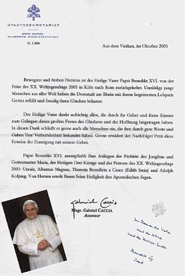 Tambourkorps Novesia Papst Dankesschreiben