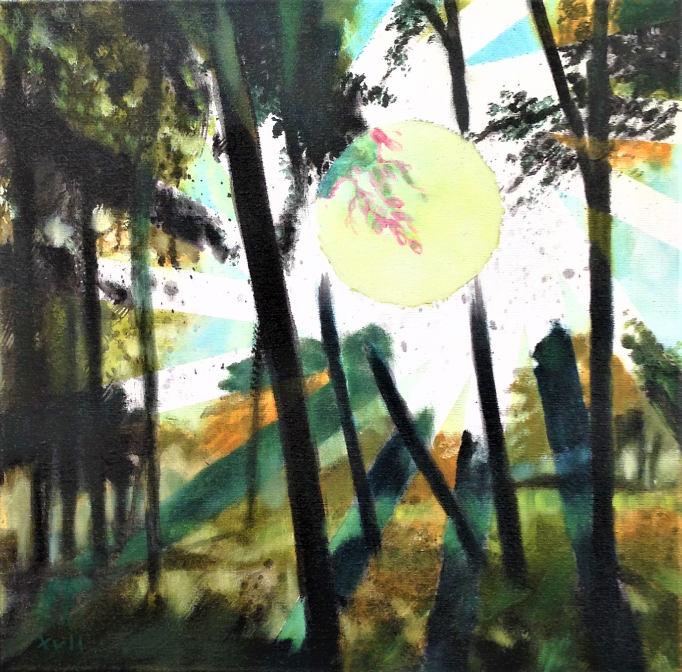 SUN THROUGH TREES #2. 15.5"x 15.5". oil on canvas.£288.00