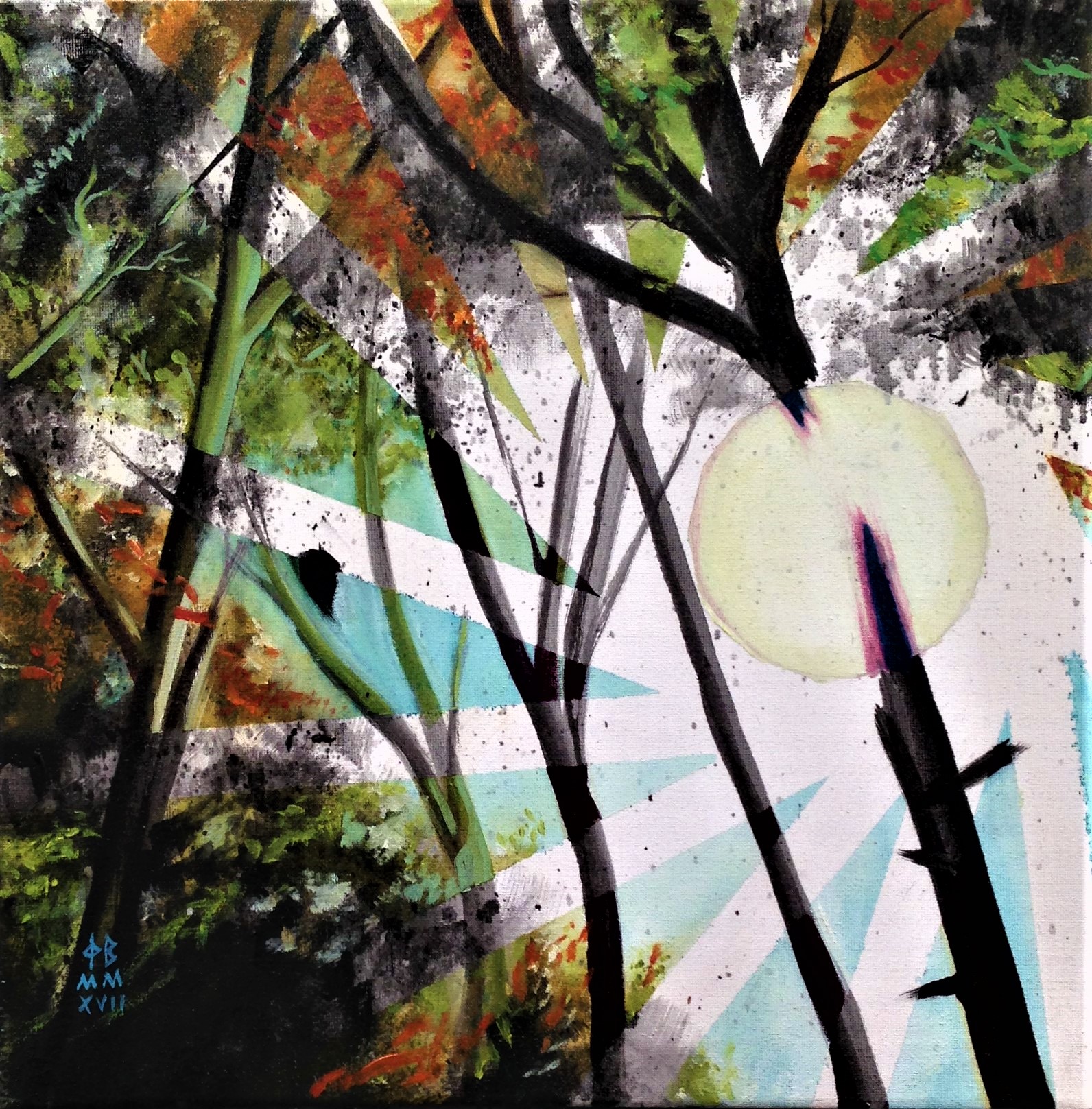 SUN THROUGH TREES #1. 15.5"x15.5". oil on canvas.£288.00