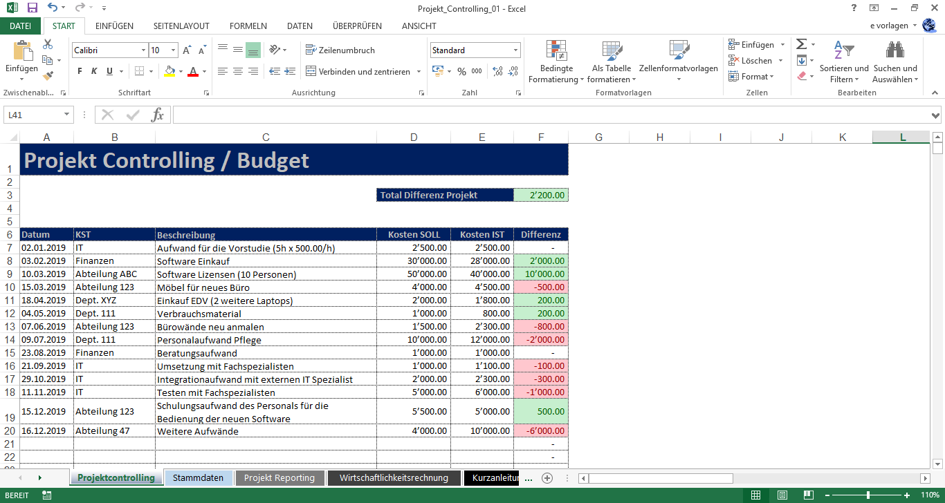 Excel Projekt Controlling