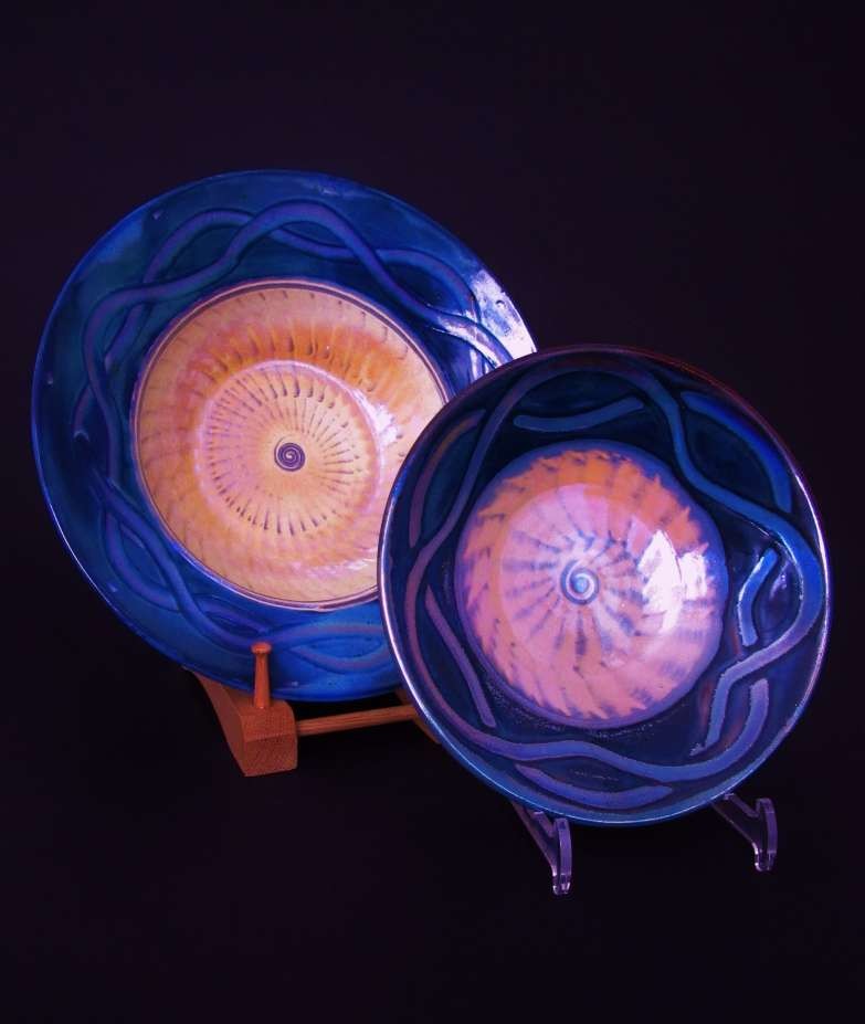 Pair of slipware-lustre dishes (12''dia).'Celtic-blue'. £95/£75  SOLD