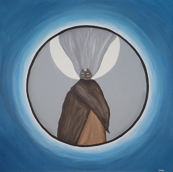 Peinture La Grande Mère par Lorina. Une œuvre symbolisant la présence, le regard bienveillant et l'enracinement nécessaire pour guérir la blessure de la Mère Absente. #unartpourêtreaumonde