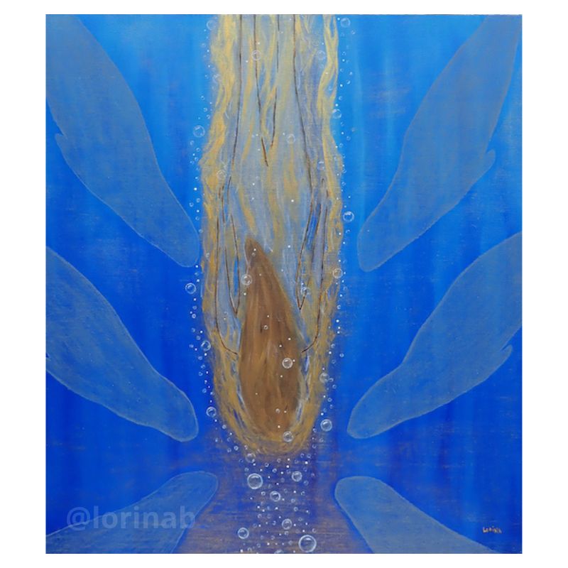 Peinture originale Deep Breath de Lorina Brillant, huile sur bois gravé, femme dans l'océan avec phoques, thème du souffle et des émotions.