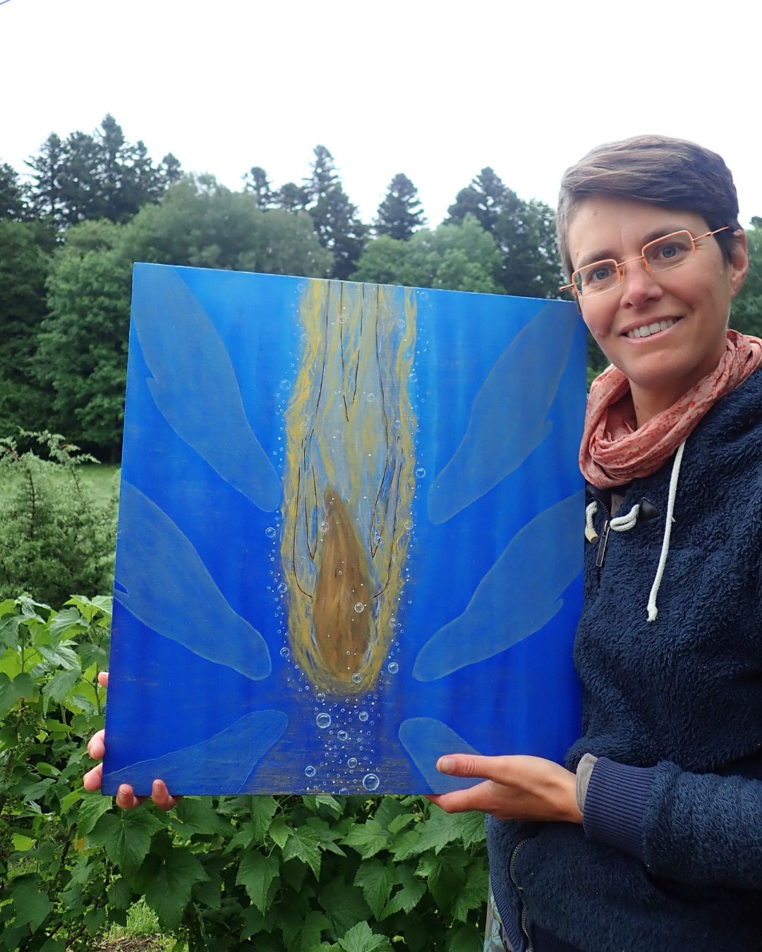 Peinture originale Deep Breath de Lorina Brillant, huile sur bois gravé, femme dans l'océan avec phoques, thème du souffle et des émotions.