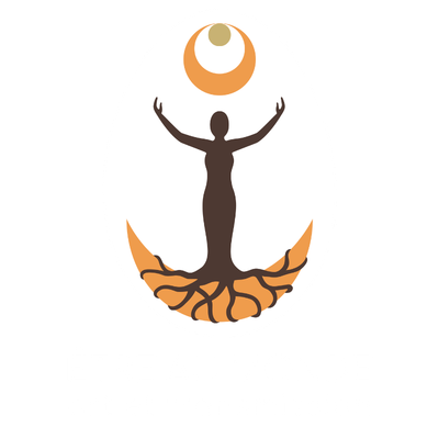 Logo de Lorina, artiste peintre et accompagnante sur le thème de la Mère Absente et du féminin sacré : Être au Monde, art et transmission. Silhouette de femme aux bras ouverts, pieds enracinés dans une lune, surmontée d'un soleil.