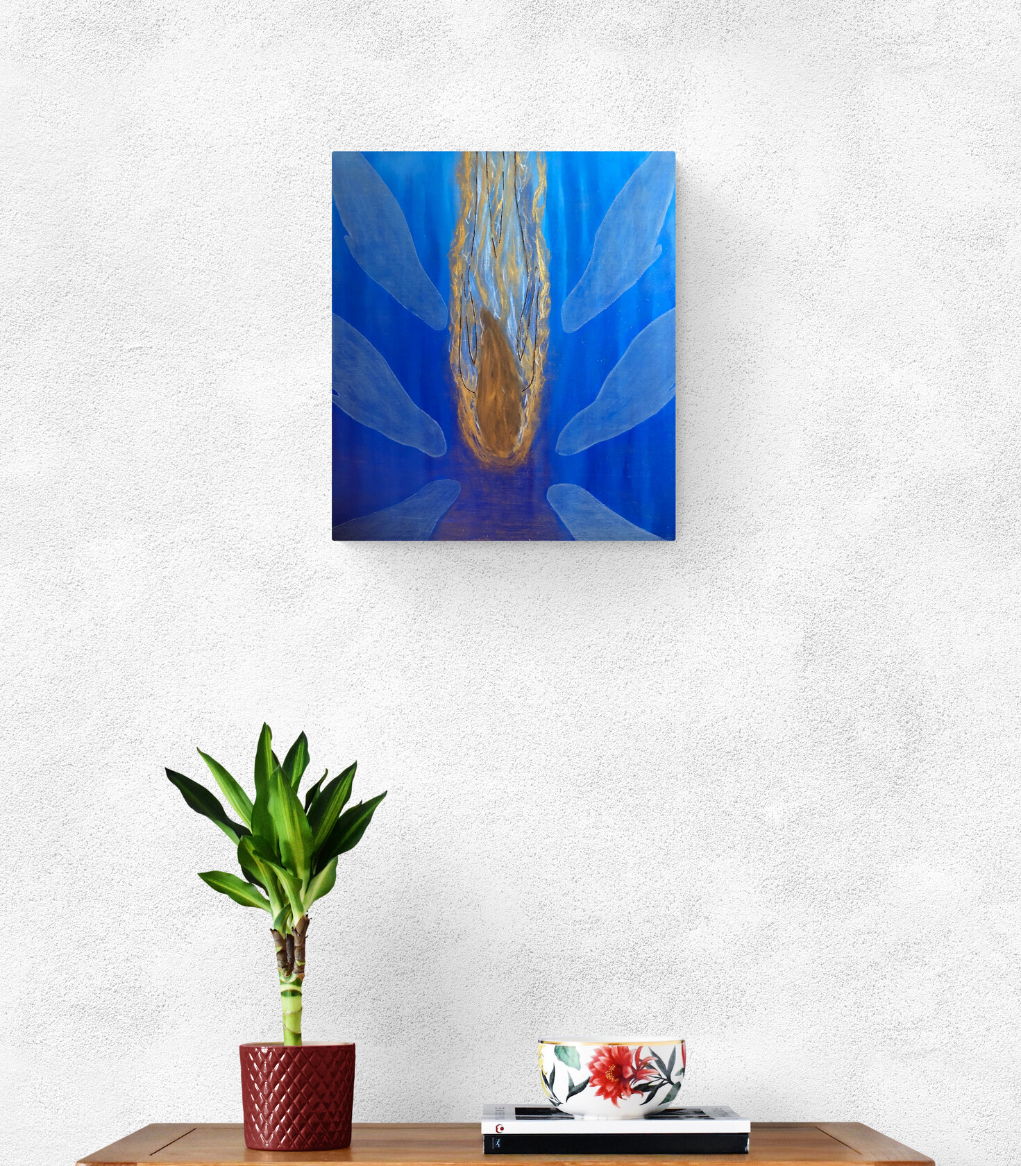 Peinture originale Deep Breath de Lorina Brillant, huile sur bois gravé en intérieur, femme dans l'océan avec phoques, thème du souffle et des émotions.
