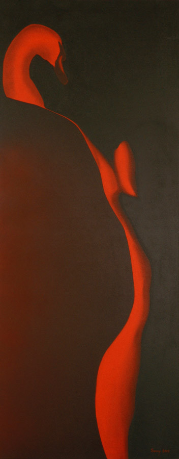 "Schwanenakt im Halbschatten" - Sonny Lindgens - Acryl und Kohle auf Leinwand, 150 x 60 cm - 2005