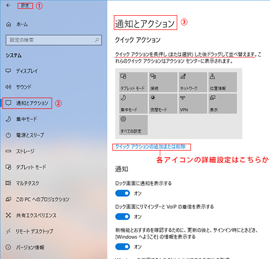 通知とアクションの設定