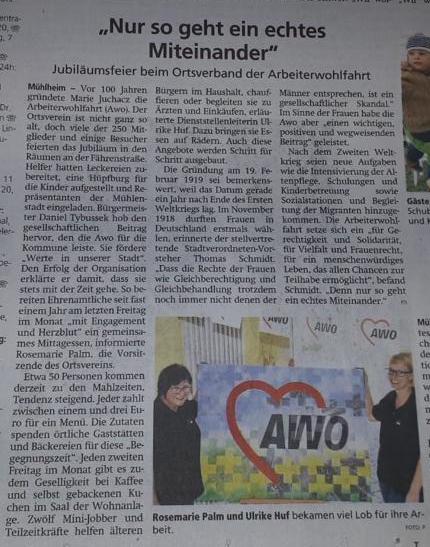 Zeitungsartikel "Nur so geht ein echtes Miteinander" zum Jubiläum der AWO