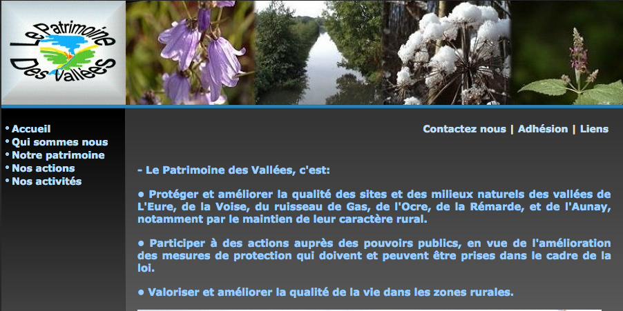 copie de la page d'accueil de l'association "Le Patrimoine des Vallées". Photo avec lien intégré vers le site.