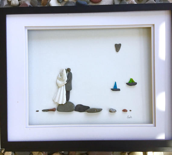 Pebble Art Wedding Couple in Shadow Box Frame