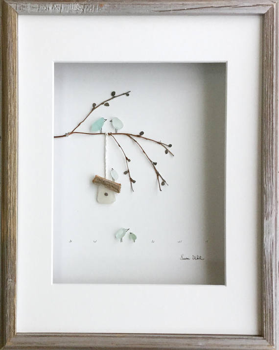 Pebble Art Genuine Sea Glas Bird Family with Bird House in Shadow Box Frame