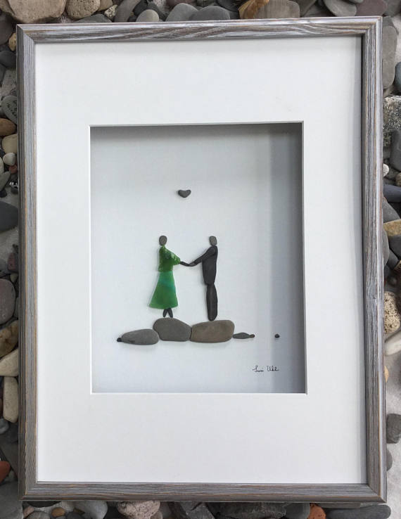 Pebble Art Romantic Couple in Shadow Box Frame