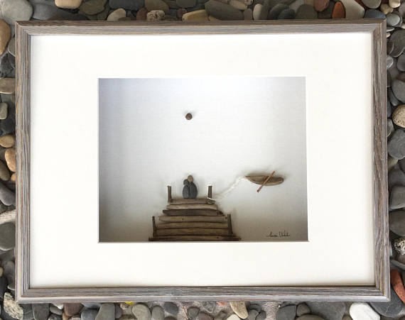 Pebble Art Romanitic Couple on Dock in Shadow Box Frame