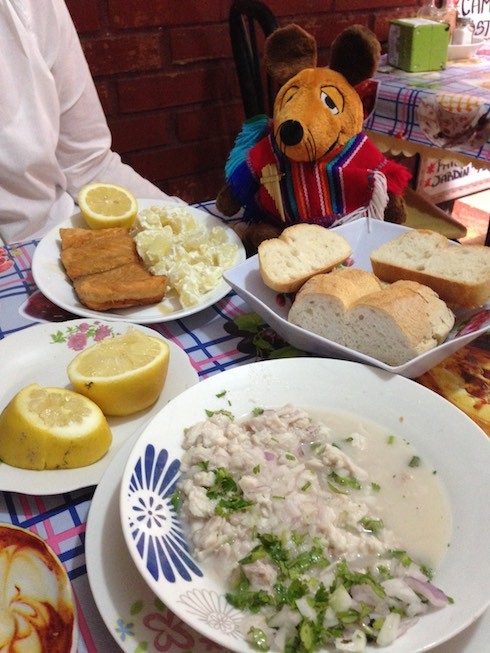 Maus beim Mittagessen mit Ceviche und Lachs