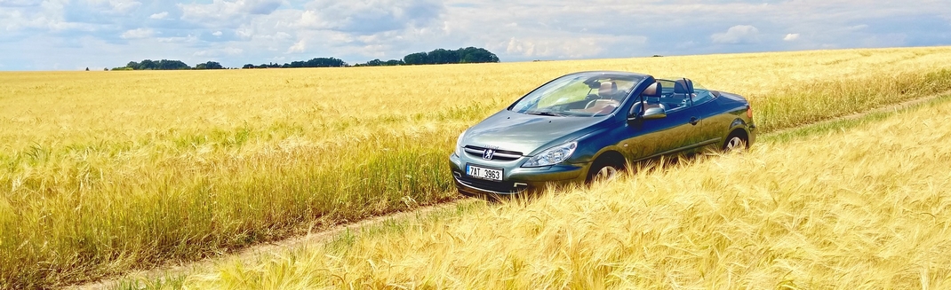 voiture peugeot décapotable dans champ de blé par auto-école du Pays Mellois 79