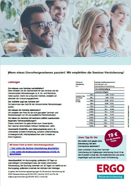 PDF-Flyer für die Seminar-Versicherung der ERGO Reiseversicherung mit Online-Buchungslink zur Corona-Covid-19-Versicherung mit Quarantäne-Maßnahmen