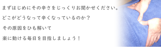 はじめにその"辛さ"をｊっくり聞かせて下さい。どこがどうなって、辛くなっているのか？その原因をひも解いて、楽に動ける毎日を目指しましょう！