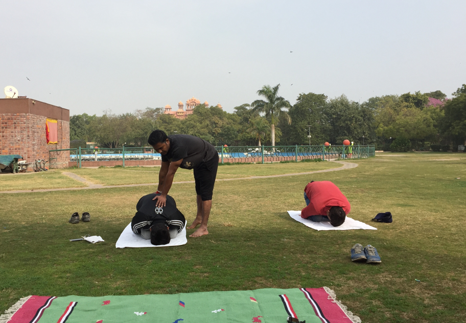 Impressions from Yogaclass in a park in Jaipur's beautiful scenery behind while "Golden Triangle" Trip in North India (Delhi, Agra, Jaipur)