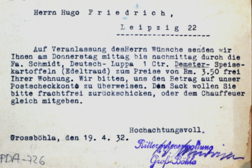 Quittung Demeter-Kartoffeln aus Großböhla, 1932, Quelle: NN