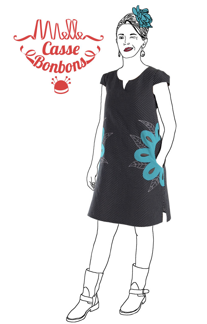 Robe MAFALDA noire à pois avec fleurs en tissu appliquées et brodées - Melle Casse Bonbons