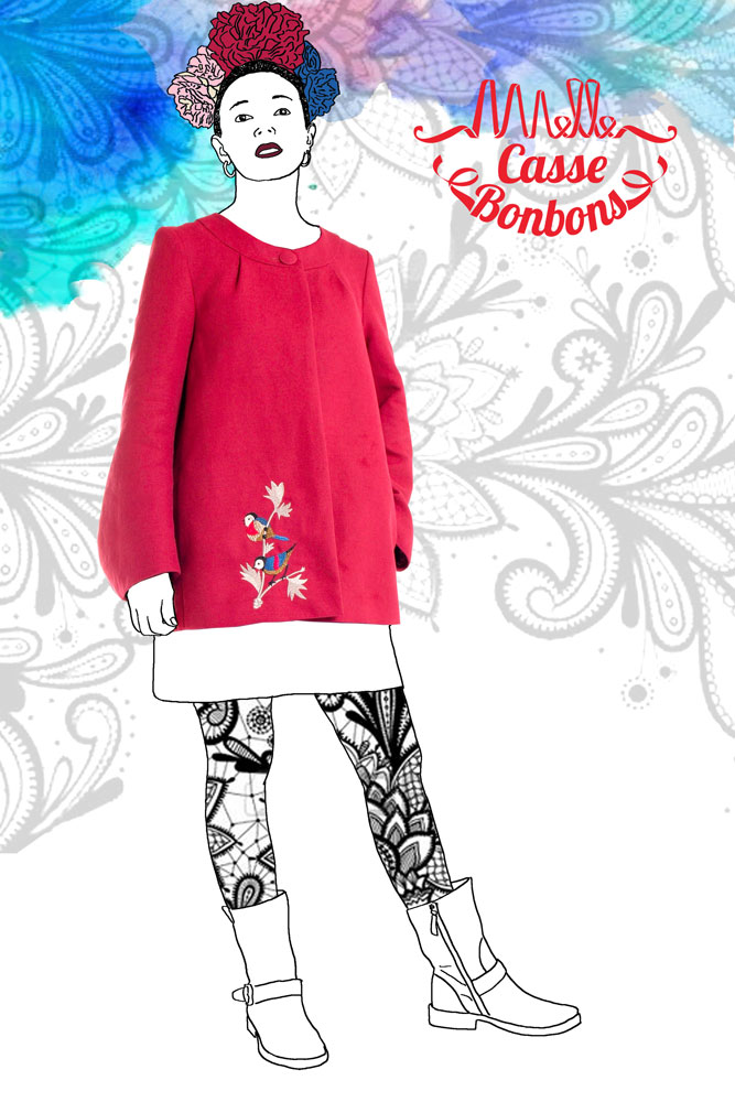 Veste framboise avec oiseaux brodés - Melle Casse bonbons