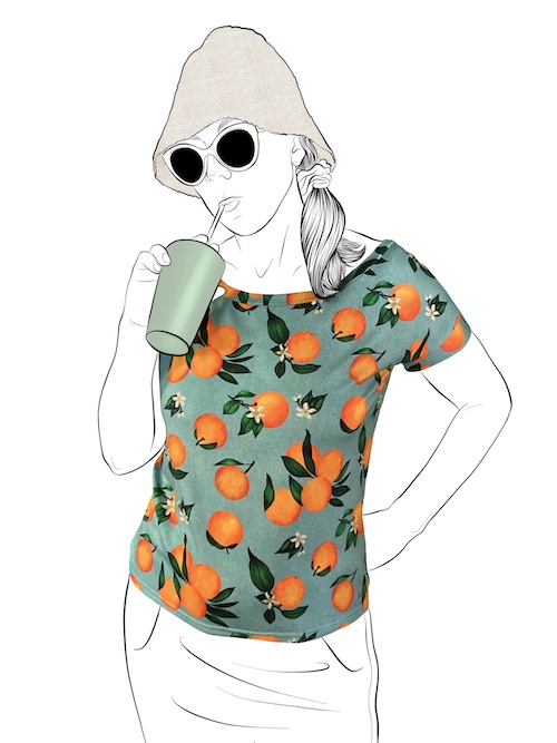 T-shirt Monday Melle création motif oranges fond bleu ciel fabriqué en france