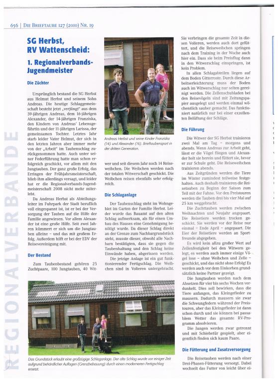 Beitrag in der Brieftaube 19/10 über die SG Herbst.