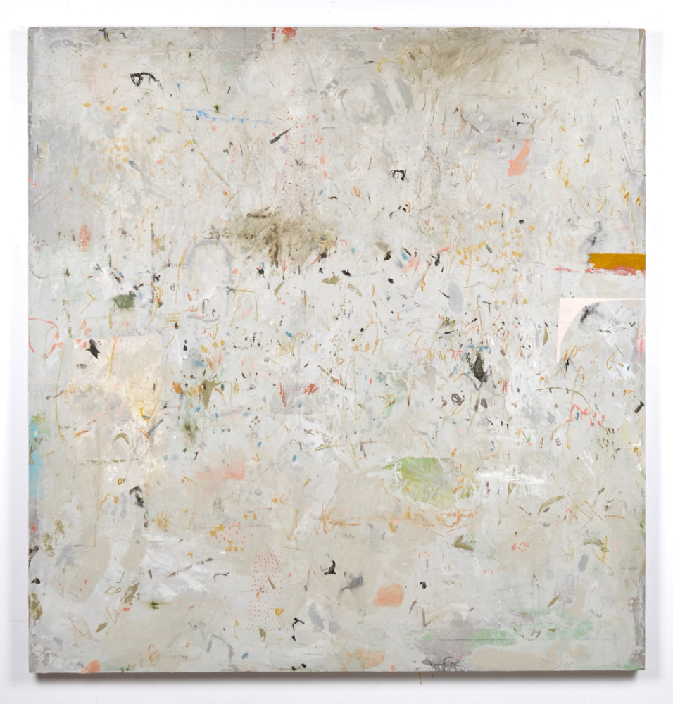Untitled, acrylic, drawing media, oil stick, & collage on 1/8" birch plywood, 48"x 46", 2022, available 