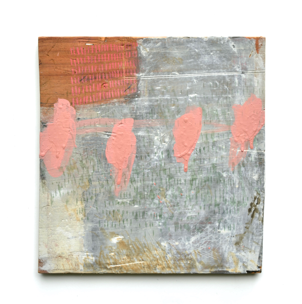 Untitled, acrylic, drawing media & staple on re-claimed pine, 11 1/2"x 11", 2022, available 