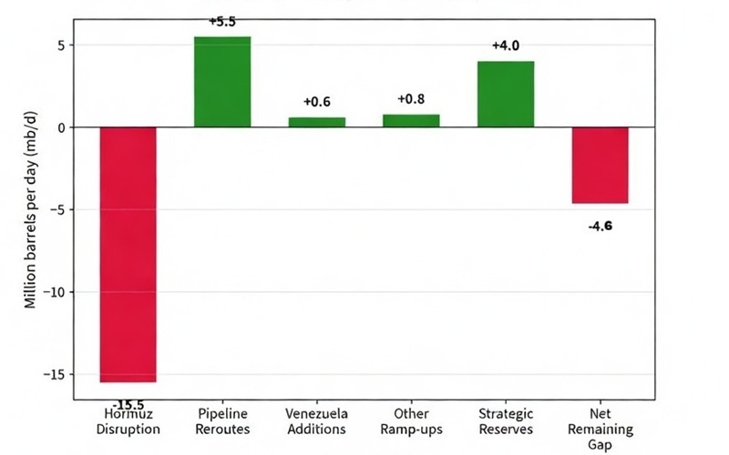 2026 Hormuz Strait Disruption: Oil liquids gap mitigation breakdown over 3-month period as of mid-March 2026.