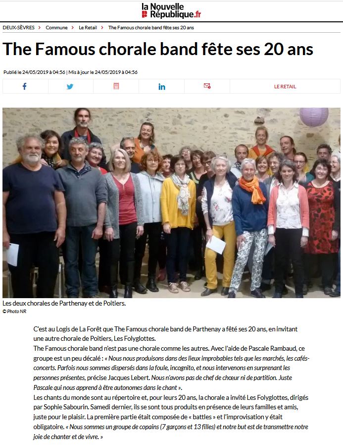 Article de La Nouvelle République Deux-Sèvres pour les 20ans de la chorale The Famous Choral Band