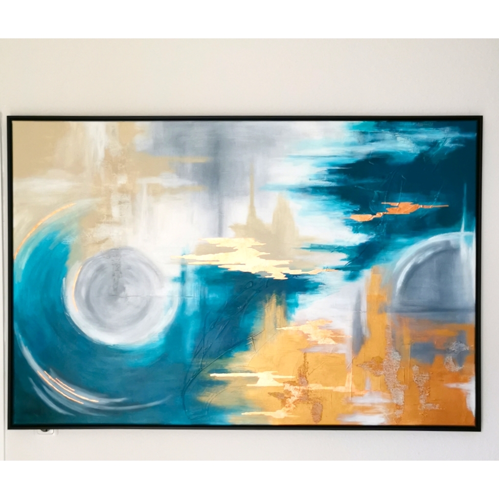 BEYOND THE CLOUDS (150x100 cm)  Leinwand/Schattenfugenrahmen/Acrylfarben/Blattmetall (Auftragsarbeit) 