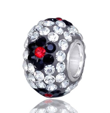 Glitzerperle schmal: Weiß-schwarz-rot-Blume