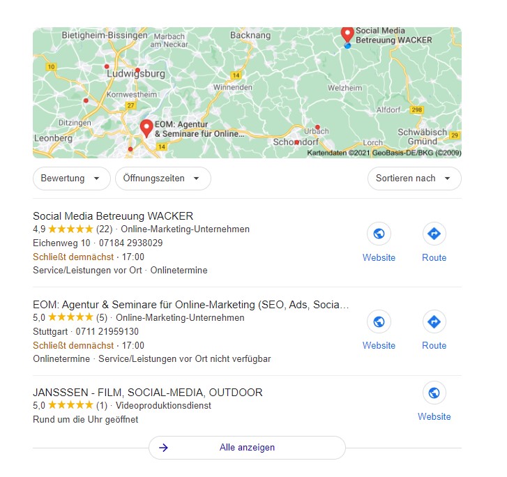 Das Local Pack beinhaltet drei lokale Unternehmen und einen Ausschnitt aus Google Maps. Diese Unternehmen haben die größte Relevanz hinsichtlich der Suchanfrage.